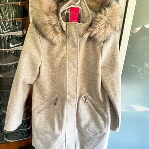Vince Camuto Women's Gray Puffer Coat with Faux Fur Hood